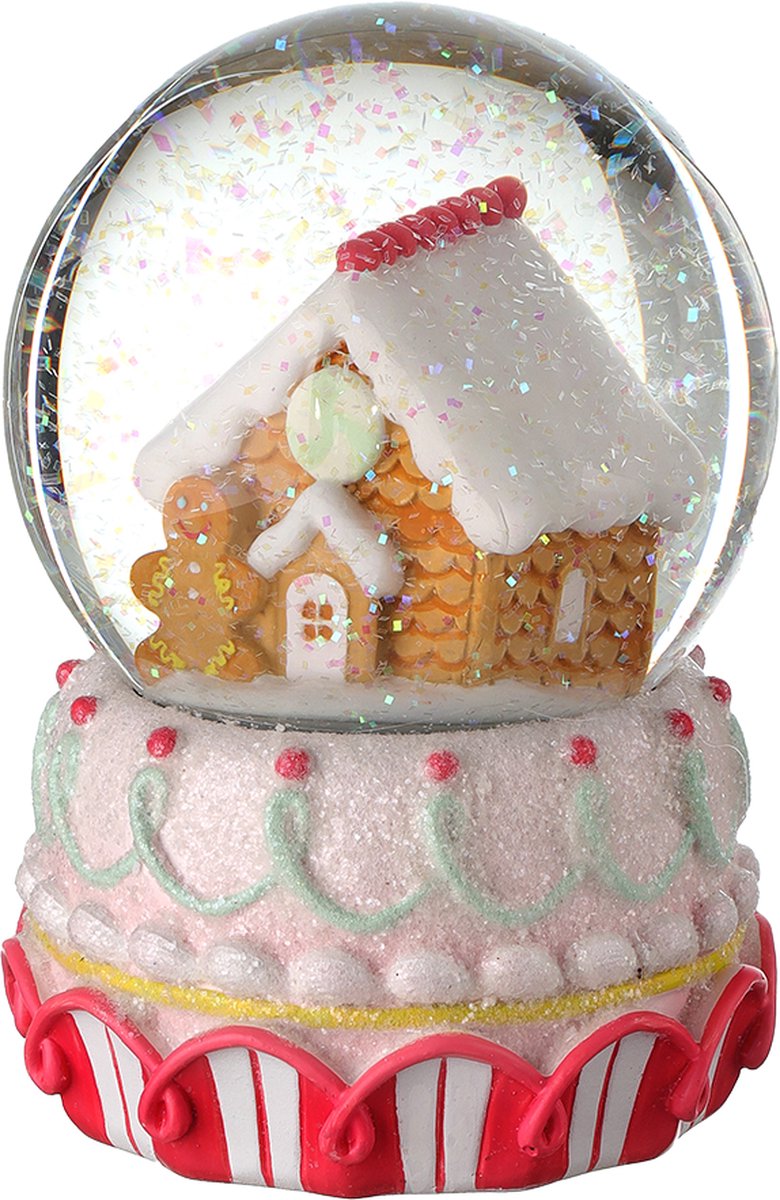 Viv! Christmas Kerstbeeld- Kerst Sneeuwbol Gingerbread Huis - pastel - roze - 15cm Resin / Pastel Multi - Viv! Christmas