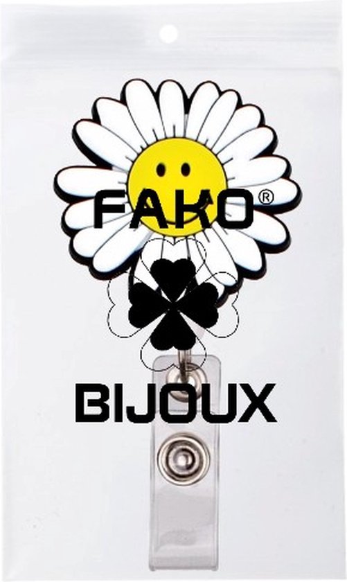 Badgehouder met witte bloem en gele smiley. Met 'FAKO BIJOUX' tekst en klavertjes.