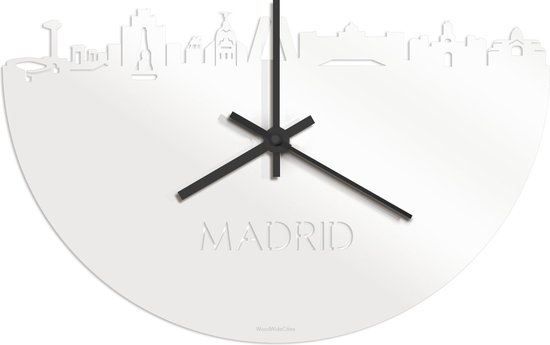 Skyline Klok Madrid Wit Glanzend - Ø 40 cm - Stil uurwerk - Wanddecoratie - Meer steden beschikbaar - Woonkamer idee - Woondecoratie - City Art - Steden kunst - Cadeau voor hem - Cadeau voor haar - Jubileum - Trouwerij - Housewarming - WoodWideCities