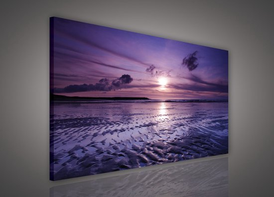 Canvas Schilderij - Zonsondergang - Strand - Wolken - Zon - Zee - Inclusief Frame - 100x75cm (lxb) - Paars