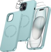 Hoesje Geschikt voor iPhone 15 Silicone backcover met Magsafe compatibel incl 2x gehard glazen screenprotector & 1x cameraLens protector – Mint Groen