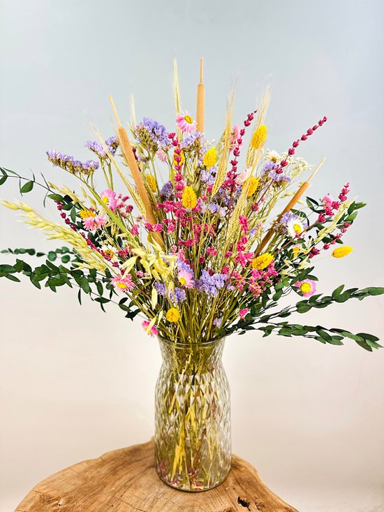 Droogbloemen boeket "The Happiness Bouquet" - incl. vaas | 60 cm | Vrolijk droogbloemen boeket | Perfect als cadeau