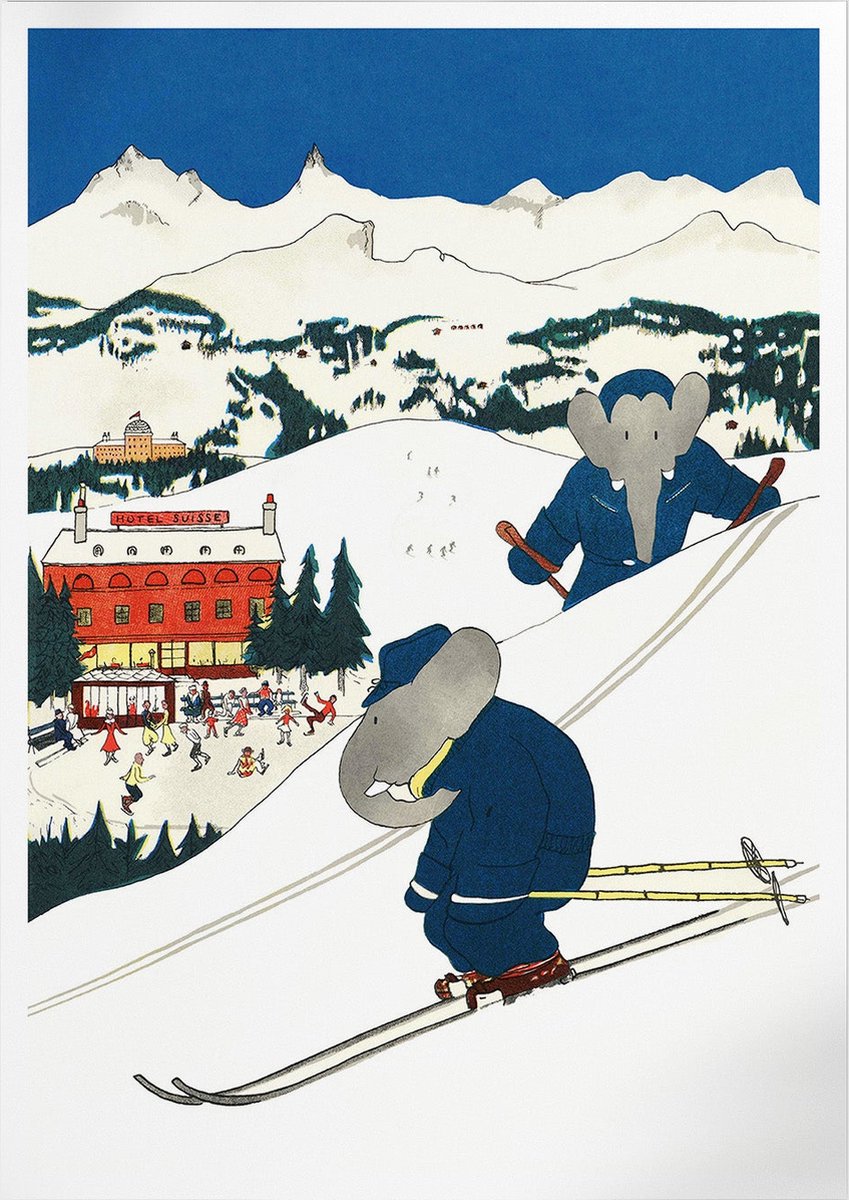 Pepperwall Babar En Ski (Babar de Olifant) | Poster | A3: 30 x 40 cm Multikleur
