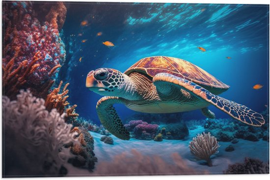 Vlag - Grote Zeeschildpad Zwemmend bij Koraal op de bomen van de Zee - 60x40 cm Foto op Polyester Vlag