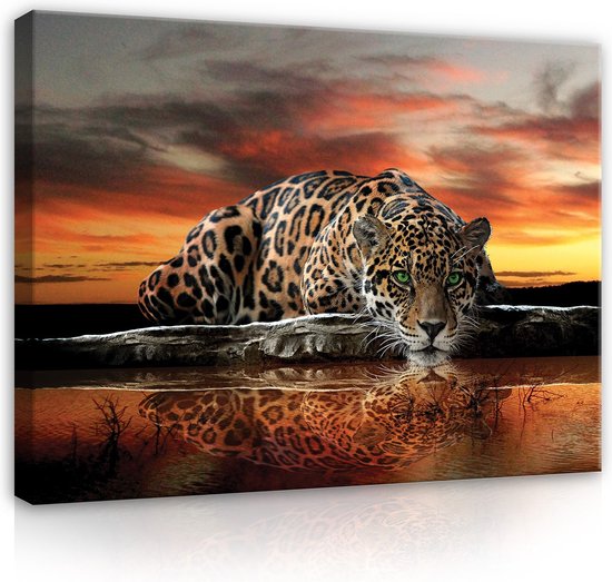 Canvas Schilderij - Jaguar - Zonsondergang - Cheeta - Dieren - Lucht - Wild - Natuur - Afrika - Schilderij Woonkamer - Schilderijen op canvas - Inclusief Frame - 100x75cm (LxB)