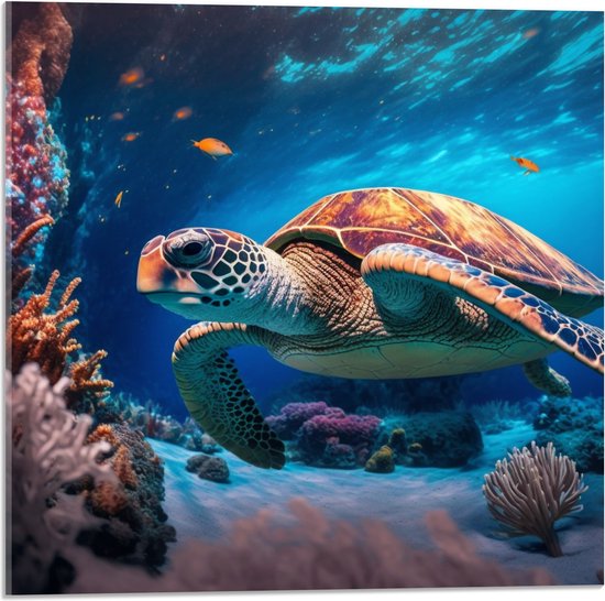 Acrylglas - Grote Zeeschildpad Zwemmend bij Koraal op de bomen van de Zee - 50x50 cm Foto op Acrylglas (Wanddecoratie op Acrylaat)