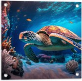 Tuinposter – Grote Zeeschildpad Zwemmend bij Koraal op de bomen van de Zee - 50x50 cm Foto op Tuinposter (wanddecoratie voor buiten en binnen)