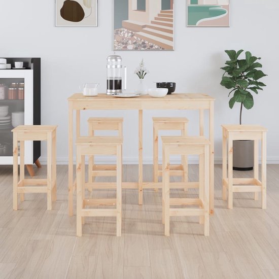 Foto: The living store houten bartafel massief grenenhout 140 x 80 x 110 cm inclusief 6 barstoelen