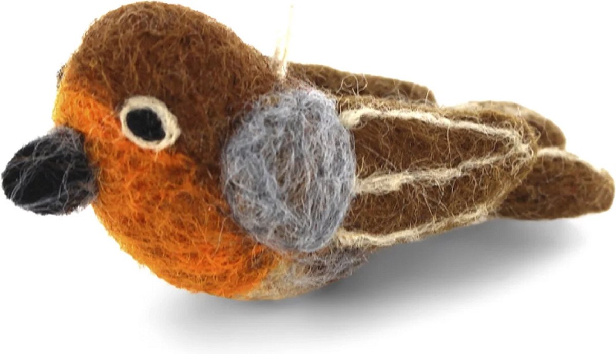 Vilten Roodborstje - Vilten Vogeltjes - Gry & Sif Kersthangertjes - Fair Trade en Handgemaakt in Nepal - Vilten Vogel Robin Wol