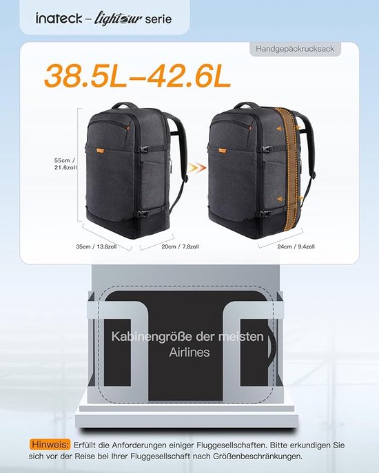 INATECK 42L Supergroßer Handgepäck Reiserucksack für 15,6'' Laptop Notebooks, Flug Genehmigt black, Unisex, BP03005_BLACK INATECK 42L Supergroßer Handgepäck Reiserucksack für 15,6'' Laptop Notebooks, Flug Genehmigt black, Unisex, BP03005_BLACK