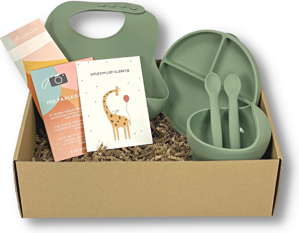 Goedkoopste Kids Cultures - Giftbox M - Baby Geschenkset, Kraampakket, Babyshower, Kraammand - Kraamcadeau Jongen & Meisje - Siliconen Kinderservies, Slab, Lepels en Wenskaarten - Groen