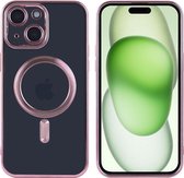 Hoesje Geschikt voor iPhone 15 Plus met magnetisch ring - Lens beschermer – backcover – Transparant / Rosegoud