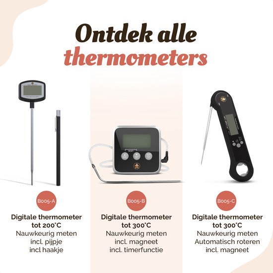 Suikerthermometer Digitaal – Kookthermometer – Vleesthermometer – Kerntemperatuurmeter – Draadloos – Thermometer ook geschikt voor Vlees, BBQ, Oven - Broba