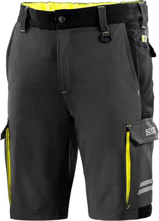 Pantalon de travail gris avec des accents jaunes, des bandes réfléchissantes et un logo Sparco sur la poche.