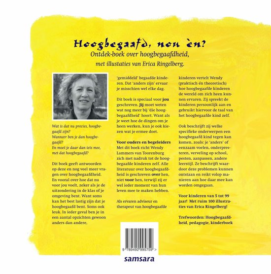 Boekomslag met een portretfoto van een lachende vrouw, de titel 'Hoogbegaafd, nou én?' en een beschrijving van het boek.