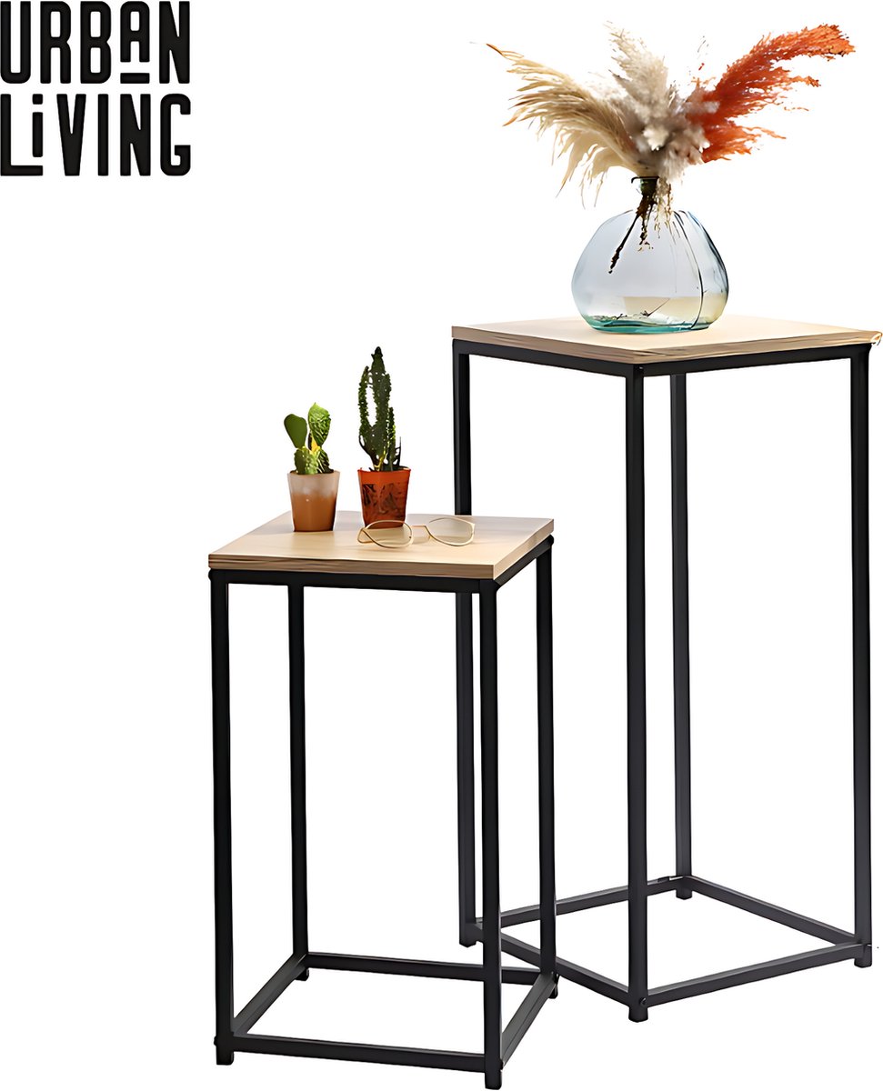Urban Living Bijzettafel/plantenstandaard set - 2-delig - zwart/bruin - metaal/hout - D30 x H54 cm en D34 x H74 cm Lichtbruin