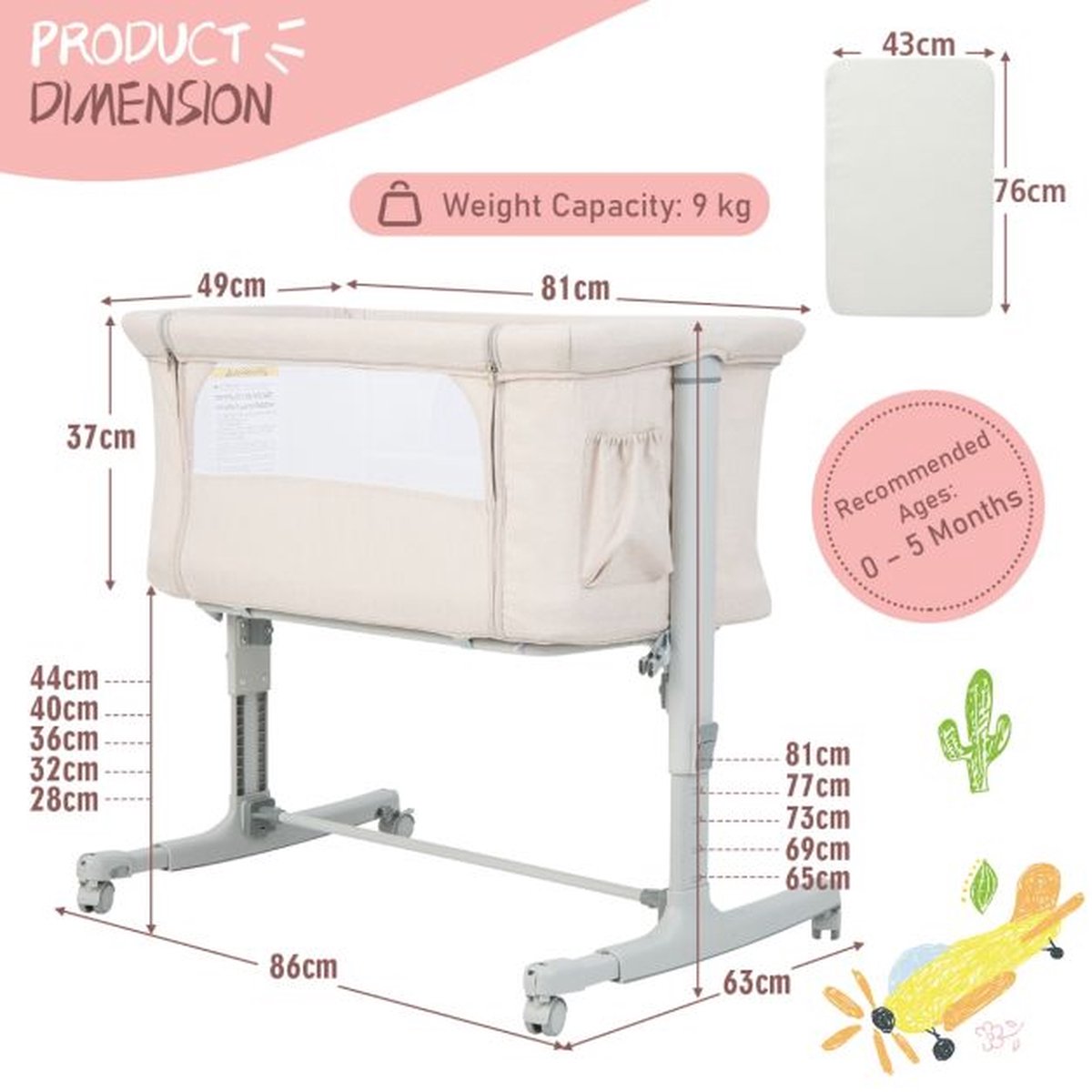 Costway lit cododo berceau bébé avec matelas, 4 roues