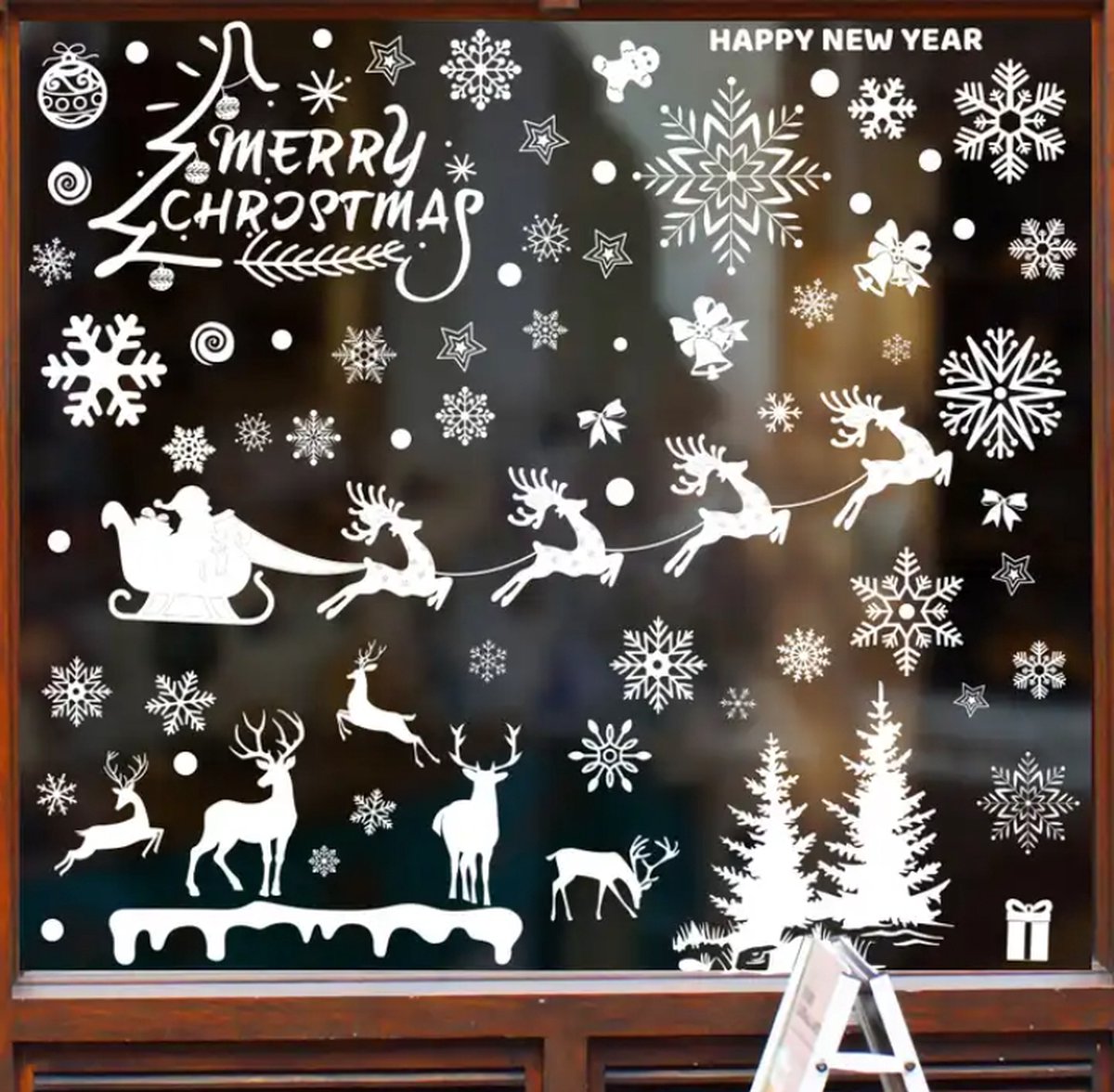 Raamstickers - Merry Christmas - Happy New Year - Kerst - Oud en Nieuw - Herbruikbaar - Statisch - Raamdecoratie - Wit - Winter - Kerstman - Rendieren - Sneeuwvlokken
