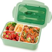 1400 ml lunchbox voor kinderen en volwassenen, bento-lunchboxen met bestek en 3 vakken, voedselcontainer BPA-vrij, magnetron- en vaatwasmachinebestendig (groen)