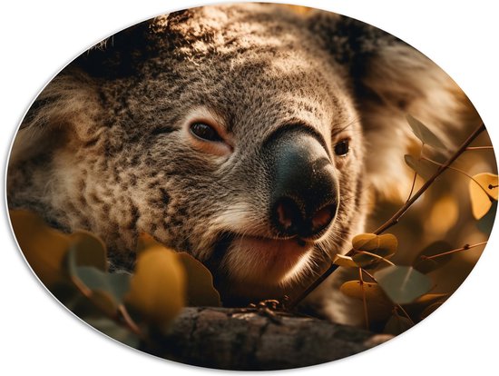 PVC Schuimplaat Ovaal - Close-up van Koala Kop tussen de Planten - 96x72 cm Foto op Ovaal (Met Ophangsysteem)