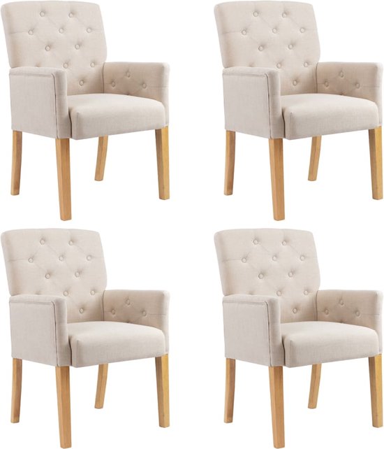The Living Store Chaise de salle à manger - beige - tissu (100% polyester) et bois d'hévéa - 61 x 66 x 95 cm - avec accoudoirs