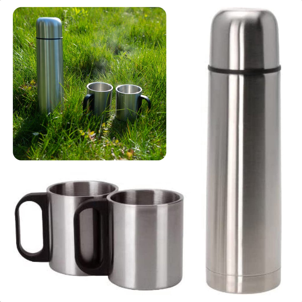 Isolatiekan 1L met 2 Bekers - 1000ml - Thermoskan - Isolatiefles - Drinkfles Vacuüm Geïsoleerd - BPA-Vrij