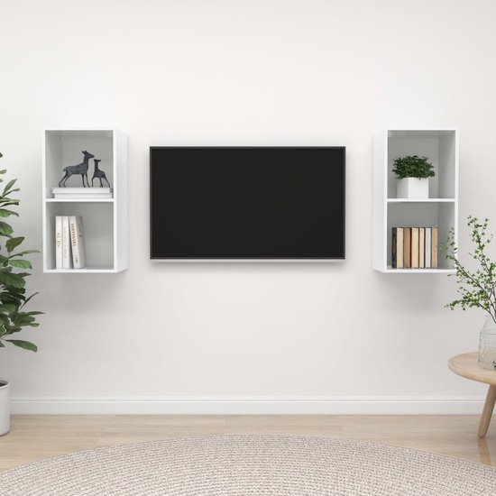 The Living Store Televisiewandmeubel - Set van 2 - Hoogglans wit - 37 x 37 x 72 cm - Voldoende opbergruimte