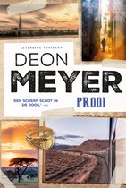 Boekcover met collage van afbeeldingen: Bordeaux skyline, steegje, ring, treinreis, landschap met boom. Titel: 'Prooi' door Deon Meyer.