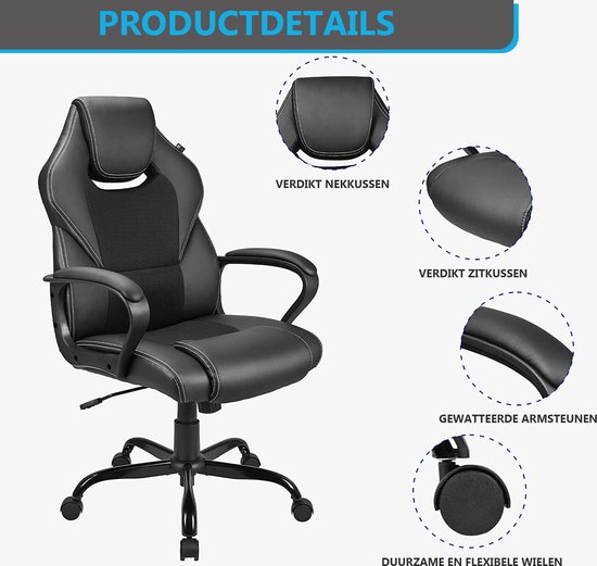 Meisterhome® Ergonomische bureaustoel - Metalen Onderstel - met wieltjes - - Gamestoel – Draaistoel – Wipfunctie – Hoogteverstelling - Gevoerde armleuningen - Executive stoel - Zwart