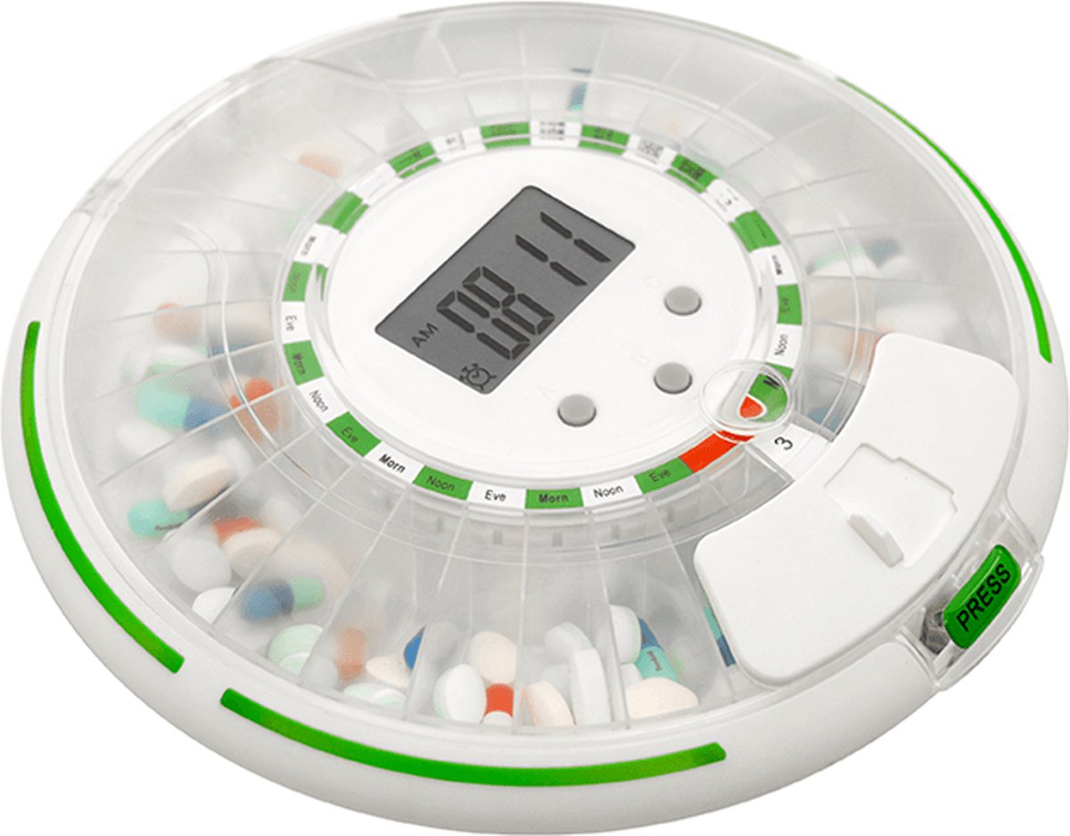 Goedkoopste Beveiligde medicijncarrousel -Automatische Medicijndoos - 6 alarmen per dag - geluidsignaal - groen licht signaal.