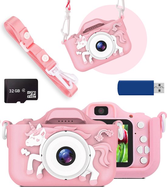 Roze kinder camera set met eenhoorn, draagkoord, 32GB SD-kaart en USB-stick.