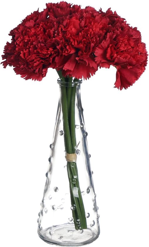 Kunstmatige anjer bloem realistische nepzijde boeketten met 6 stelen, 26 cm mini anjerstruik, plantendecoratie voor foto rekwisieten, feest, bruid, bruidsboeket, vazen, thuis, rood