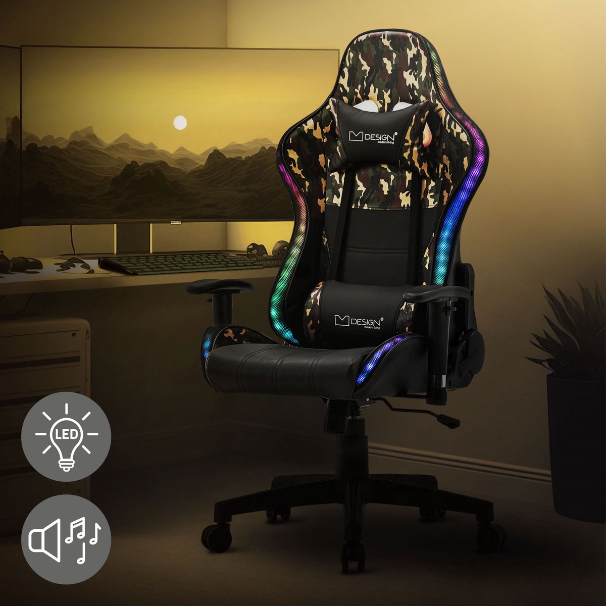 Gaming stoel met RGB-verlichting en Bluetooth-boxen Zwart/Camouflage in  kunstleer