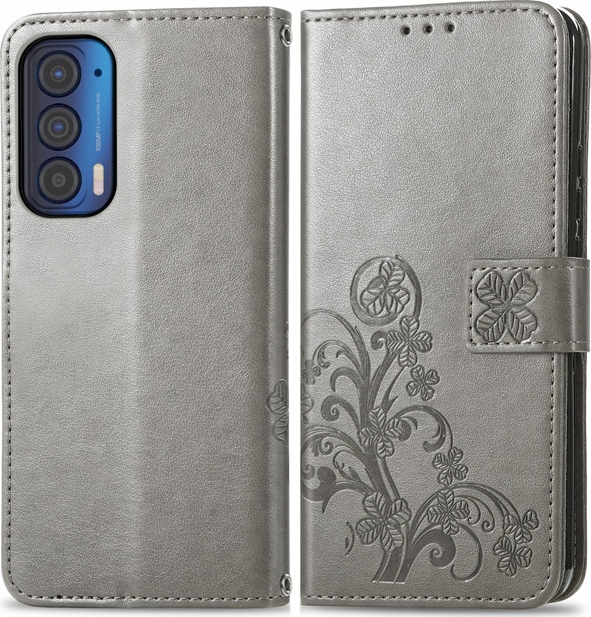 Mobigear Telefoonhoesje geschikt voor Motorola Edge (2021) Hoesje | Mobigear Clover Bookcase Portemonnee | Pasjeshouder voor 3 Pasjes | Telefoonhoesje voor Pinpas / OV Kaart / Rijbewijs - Grijs