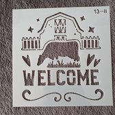 Hobby stencil, sjabloon, herbruikbaar, kaarten maken, scrapbooking, decoreren, Welcome, boerderij, koe, 15x15 cm