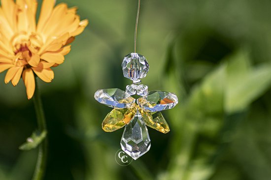 Geluksengel van Swarovski kristallen Topaz , Geel , ( Geluks engel , Beschermengel , Raamhanger , Raamkristal )