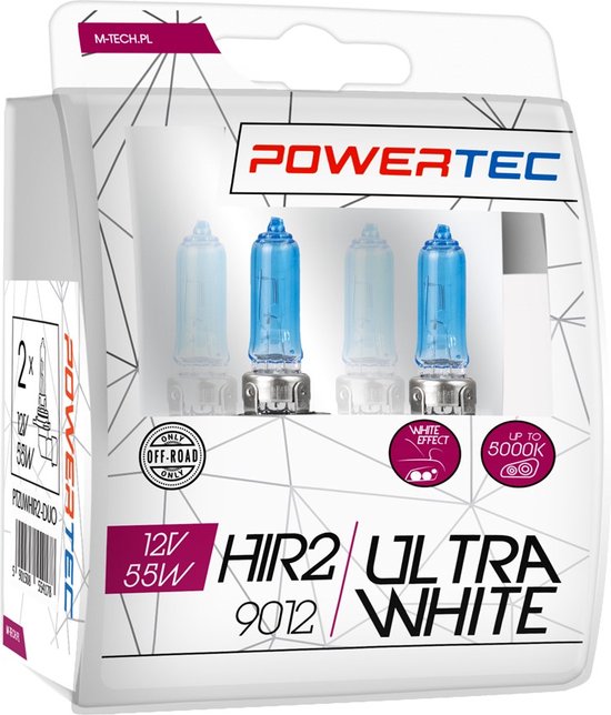 Powertec HIR2 12V 55W Ultra White halogeenlampen in verpakking met blauwe gloed.