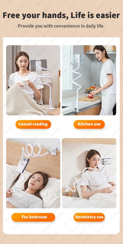 BEWISER Tabletstandaard bureauhouder voor iPad, draagbare monitorarmhouder, aluminiumlegering klembevestiging compatibel met 4,7-15,6 inch schermtelefoon, Kindle, Fire HD, schakelaar (wit