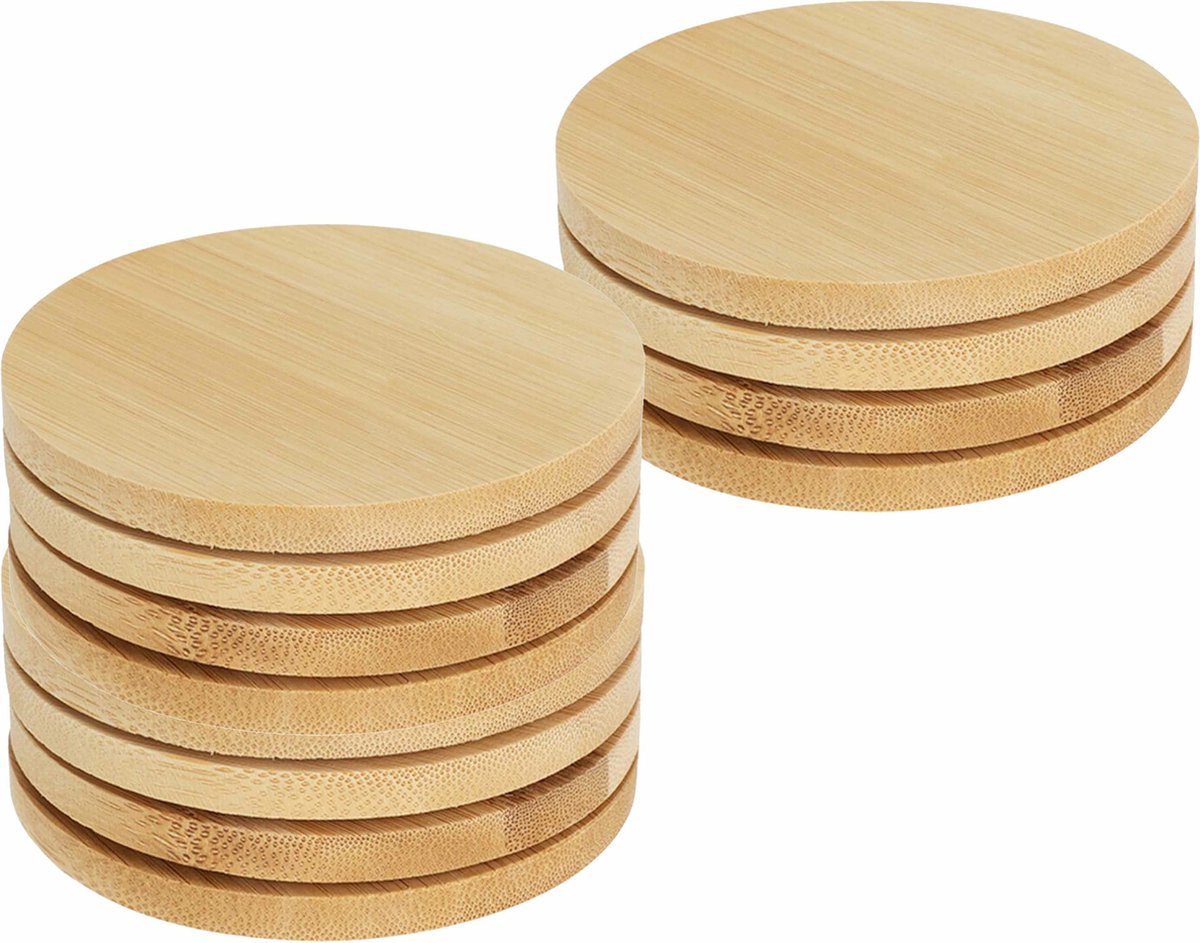 Excellent Houseware Onderzetters voor glazen - 12x - beige - rond - hout - 10 x 10 cm