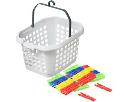 Wasknijpers ophang mandje/bakje - wit - met 48x plastic knijpers