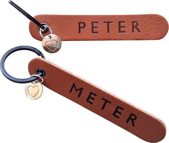 PETER en METER sleutelhanger set leder + bedels hart (peetoom - peettante - communie - lentefeest - doopsel - baby)