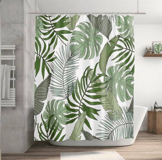 LANDERSION Groene palmbladeren douchegordijn tropisch regenwoud moderne badkamer decor waterdichte stof douchegordijn voor badkamer set met haken B 36 x L 72 (in