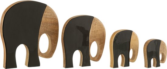 Vier houten olifanten decoraties, half naturel hout, half zwart glanzend.