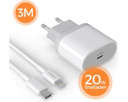 Wurk Snellader – 20W – Kabel 3M – Oplader met USB-C Adapter – Snelladen – Geschikt voor Smartphones – Wit