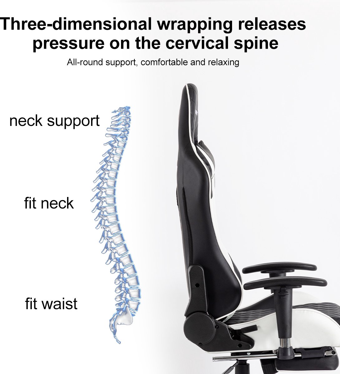OFMOTRA Gaming Stoel Met Nekkussen - Verstelbare Bureaustoel Wit/Zwart - afbeelding 3