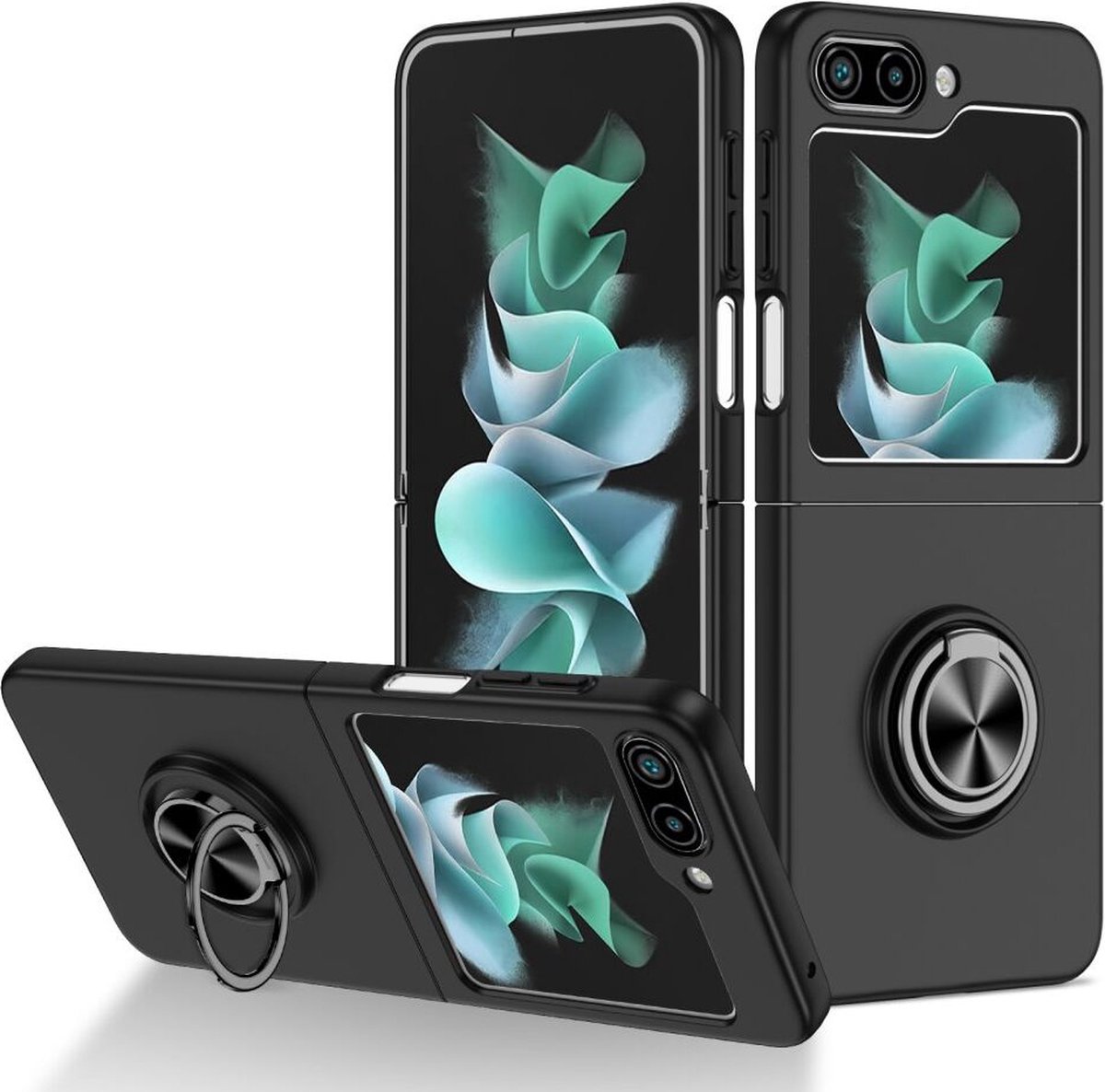 Geschikt voor Samsung Galaxy Z Flip 5 Hoesje Magnetische Kickstand Ring - Zwart