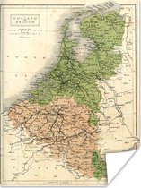 Vintage kaart van Nederland en België 90x120 cm - Foto print op Poster (wanddecoratie woonkamer / slaapkamer)