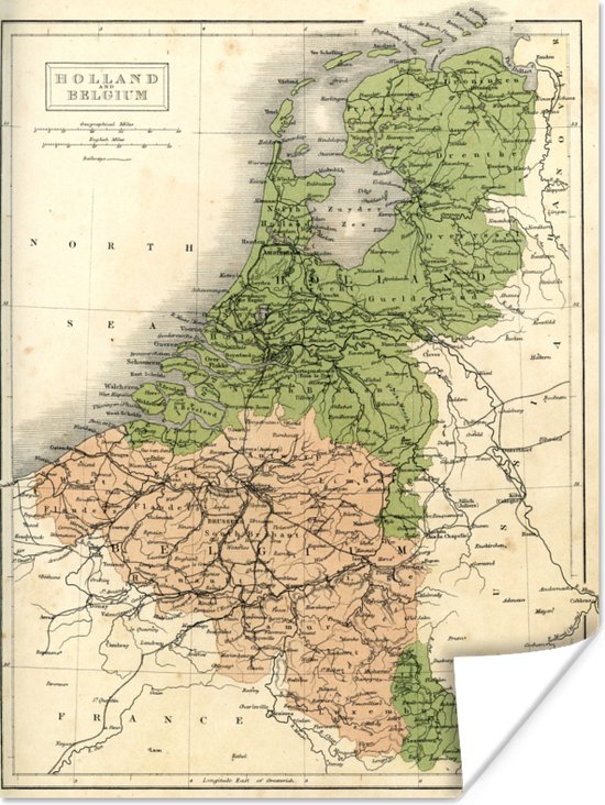 Vintage kaart van Nederland en België 90x120 cm - Foto print op Poster (wanddecoratie woonkamer / slaapkamer)