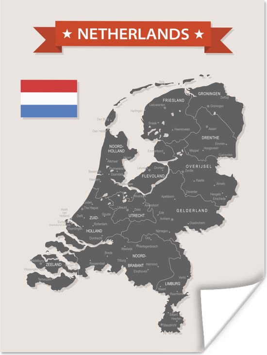 Poster Grijs met witte kaart van Nederland - 90x120 cm