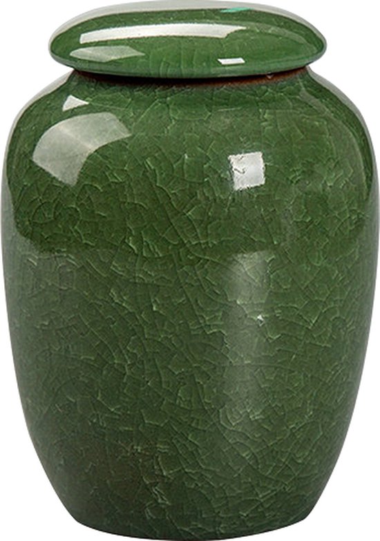 Groene keramische urn met gedetailleerd barstenpatroon en afgerond deksel.